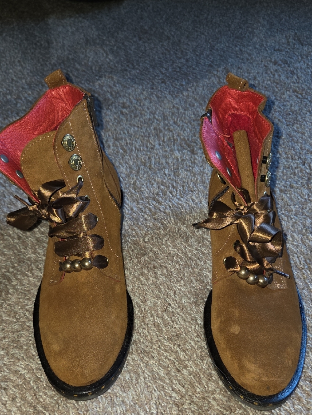 Brown Suede Lace-Up Ankle Boots with Red Interior